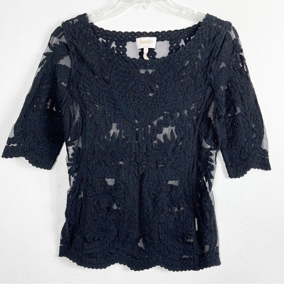 Laundry By Shelli Segal Black Mesh Lace Short Sleeve Top - Picture 4 of 10